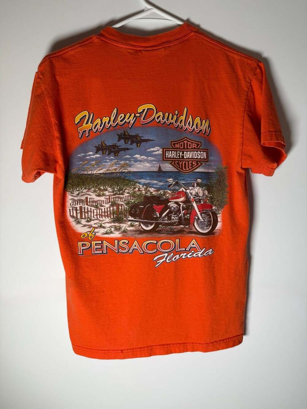 Vintage 2002 Harley-Davidson Pensacola Florida Orange Graphic T-Shirt Size S